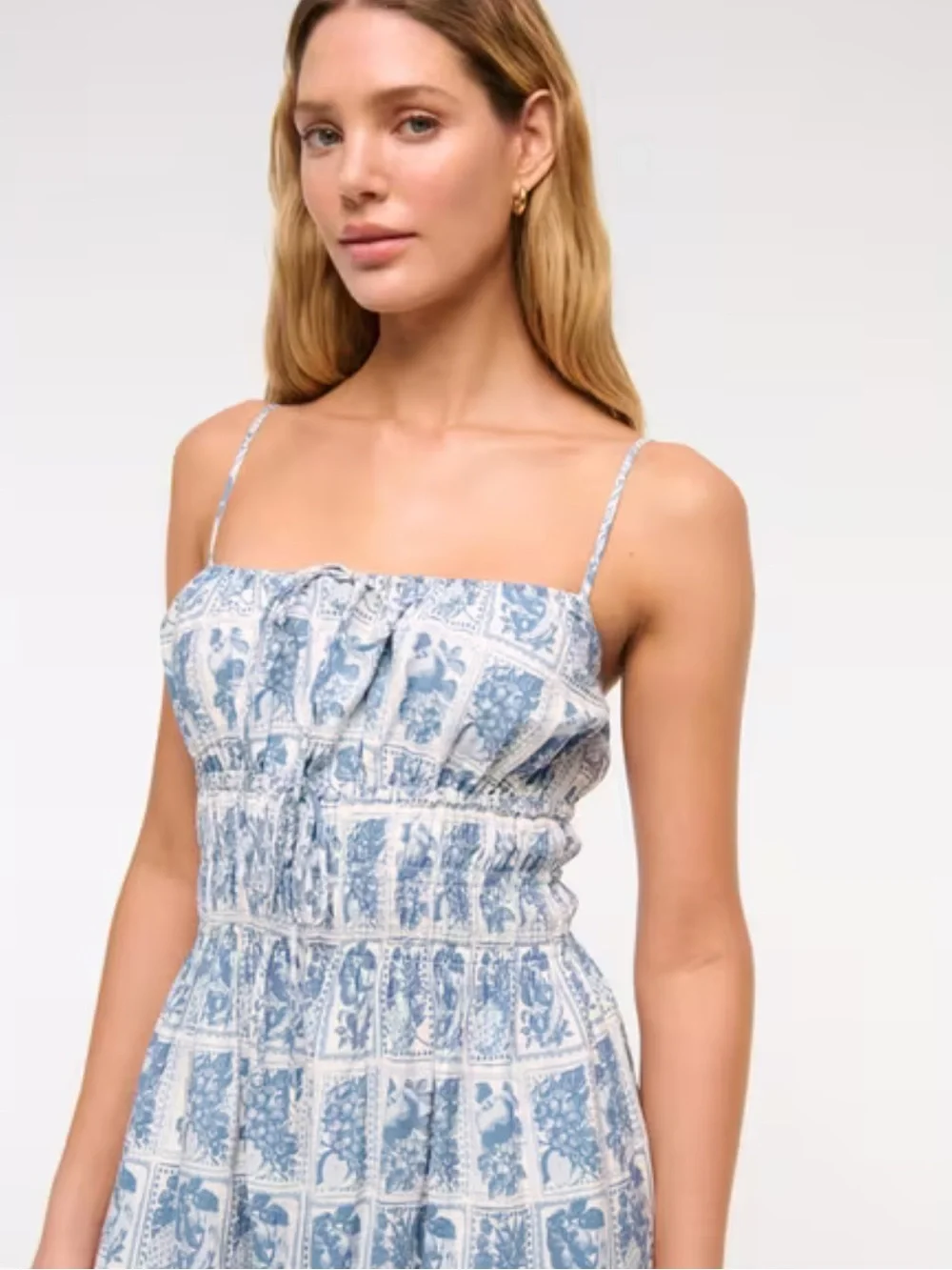 Abercrombie & Fitch White and Blue Tile-Print Smocked Maxi Dress